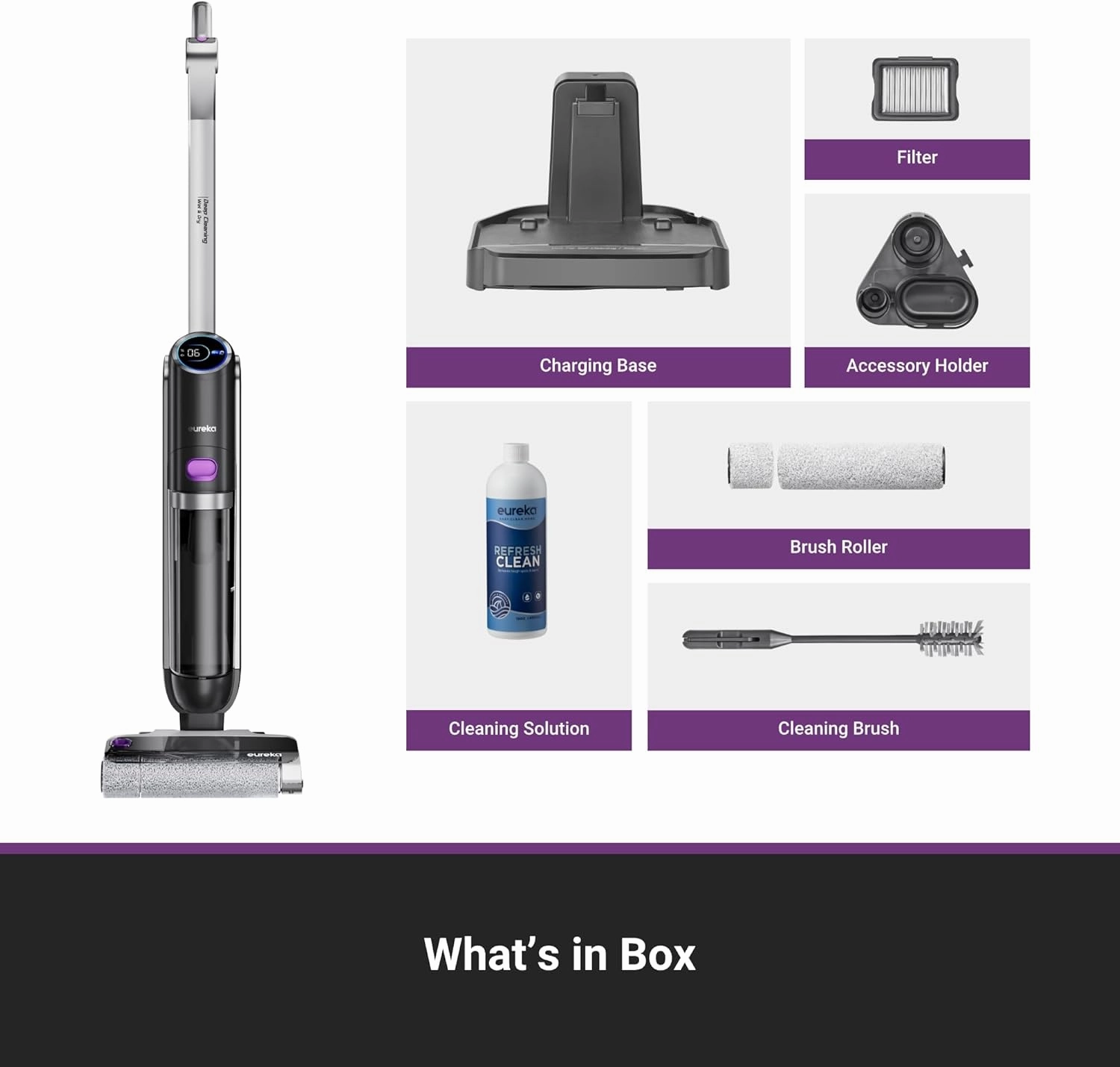 Eureka Cordless Wet Dry Cleaner, 170° Reclinable, Hot Air Drying Self Cleaning Vacuum and Mop Combo, Good for Hard Floors Pet Hair Sticky Messes, RapidWash 630, Purple