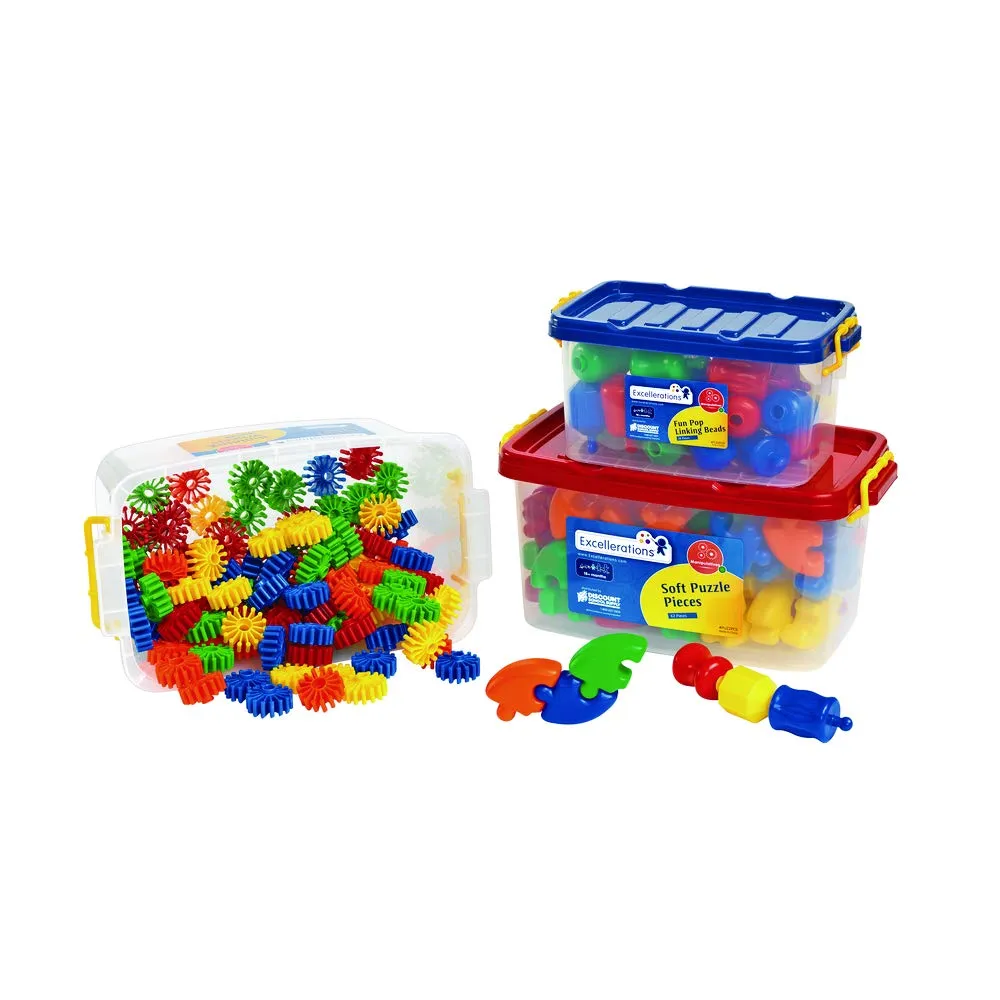 Excellerations Construction Toys, STEM Building Toys, Blocks, Builders, Connection Toys, Ages 18 Months and up, Preschool Manipulatives 3 Different Sets in Storage Bins