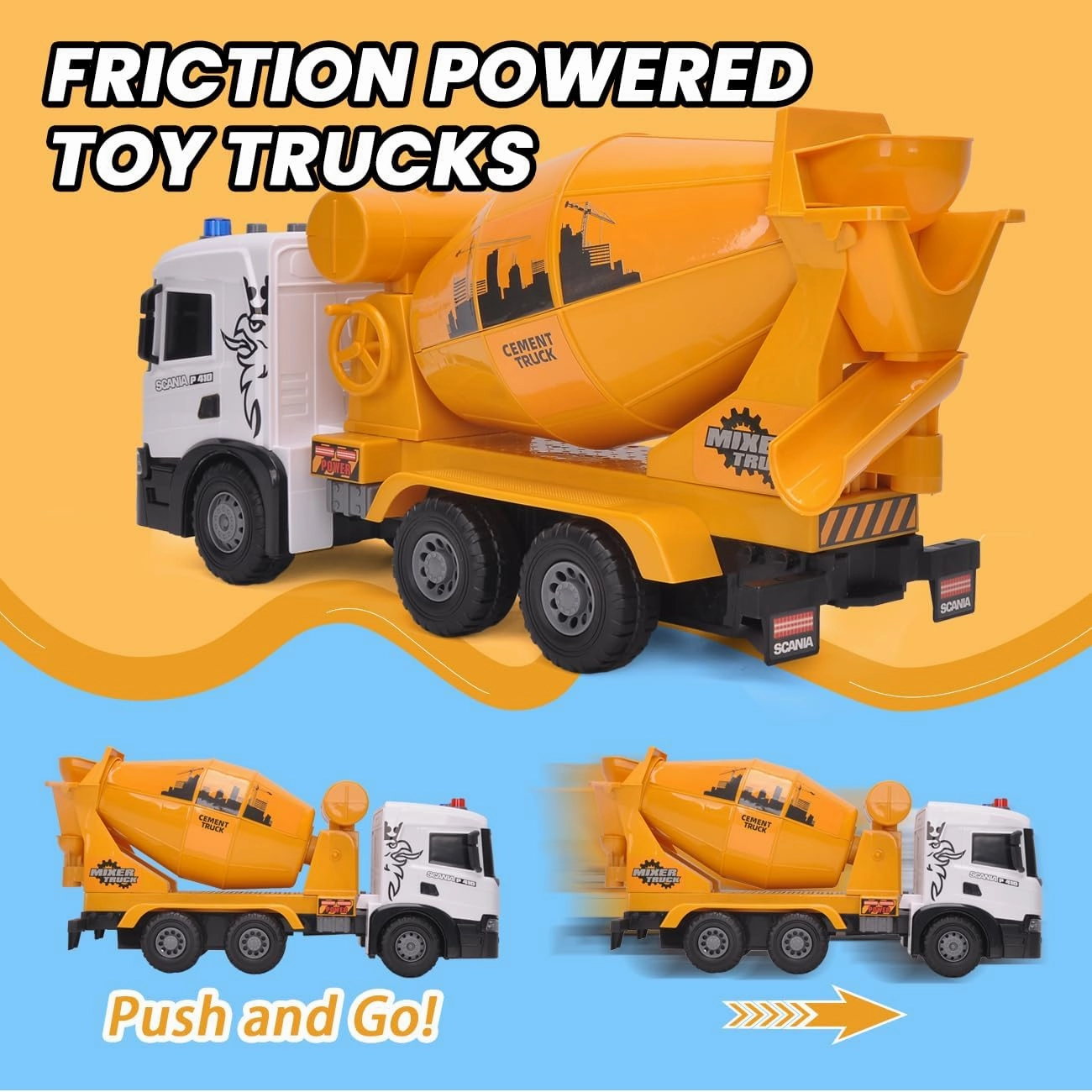 Extra Large Cement Mixer Toy Truck, Scania 20.5" Construction Toys with Light and Sound Friction-Powered Vehicle Car Toys for Toddler Boys Girls