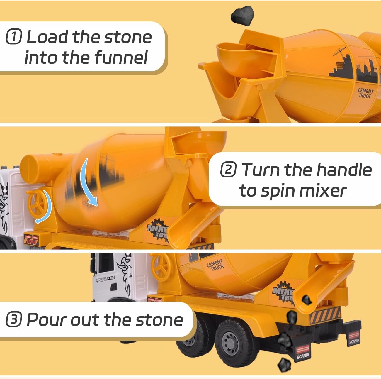Extra Large Cement Mixer Toy Truck, Scania 20.5" Construction Toys with Light and Sound Friction-Powered Vehicle Car Toys for Toddler Boys Girls