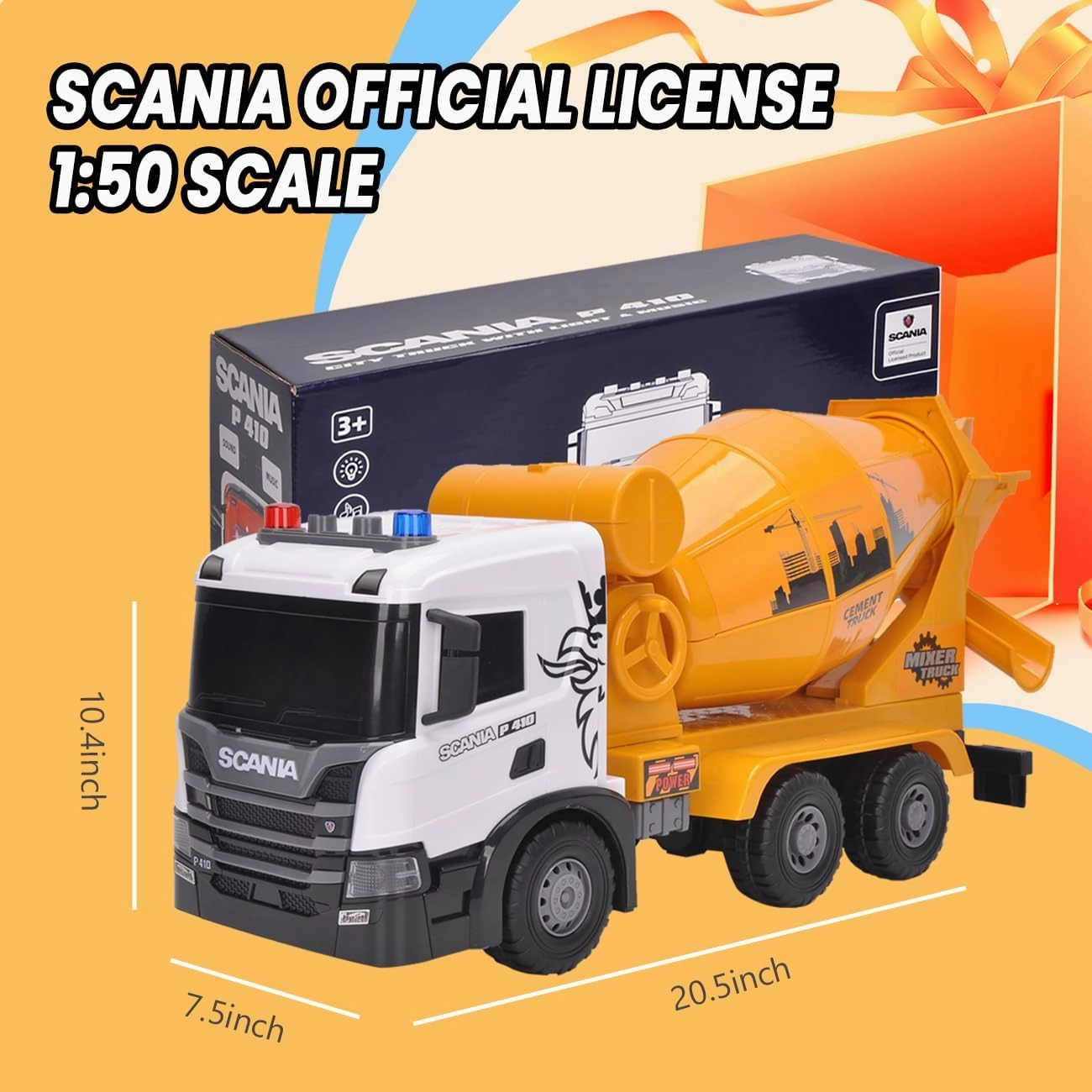 Extra Large Cement Mixer Toy Truck, Scania 20.5" Construction Toys with Light and Sound Friction-Powered Vehicle Car Toys for Toddler Boys Girls
