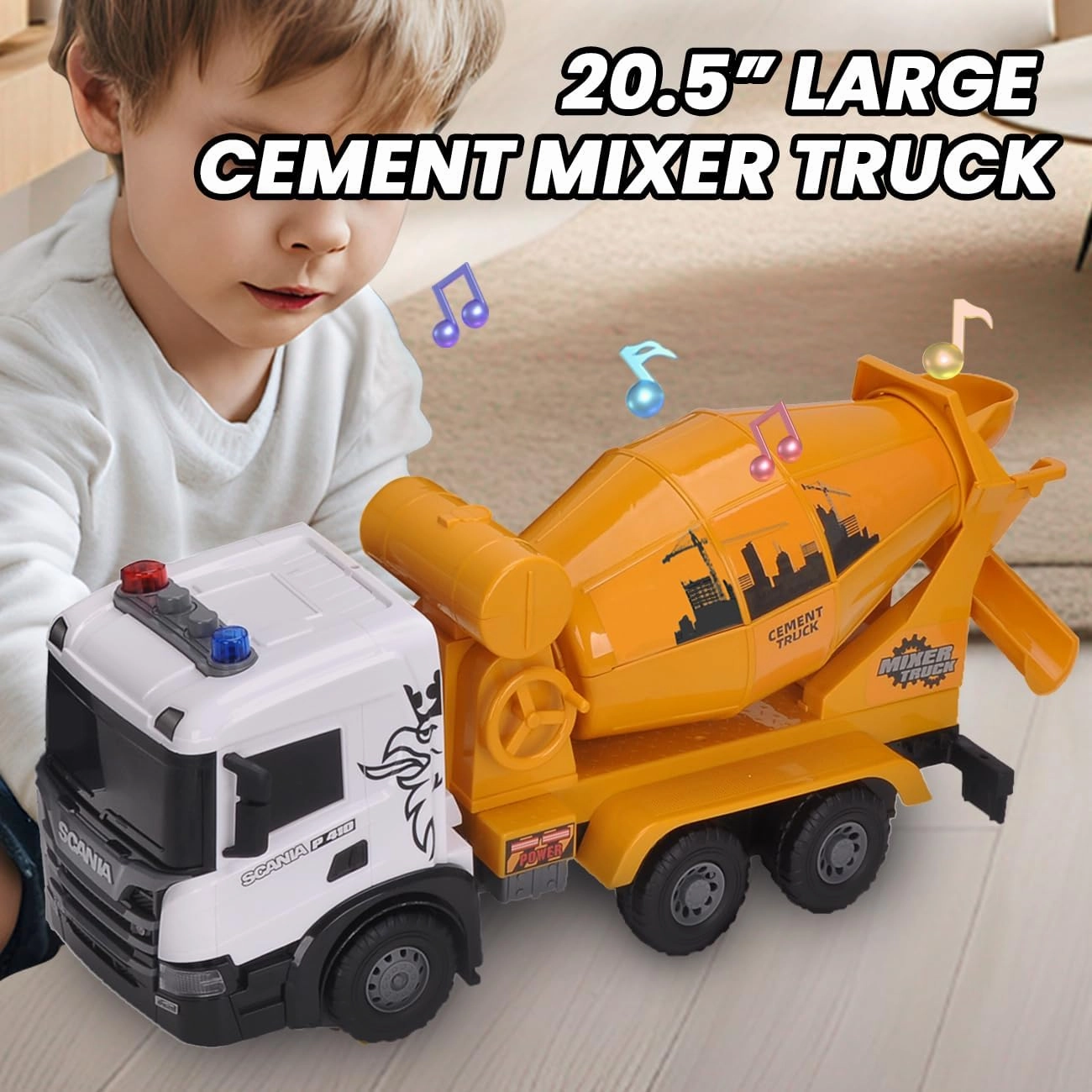 Extra Large Cement Mixer Toy Truck, Scania 20.5" Construction Toys with Light and Sound Friction-Powered Vehicle Car Toys for Toddler Boys Girls