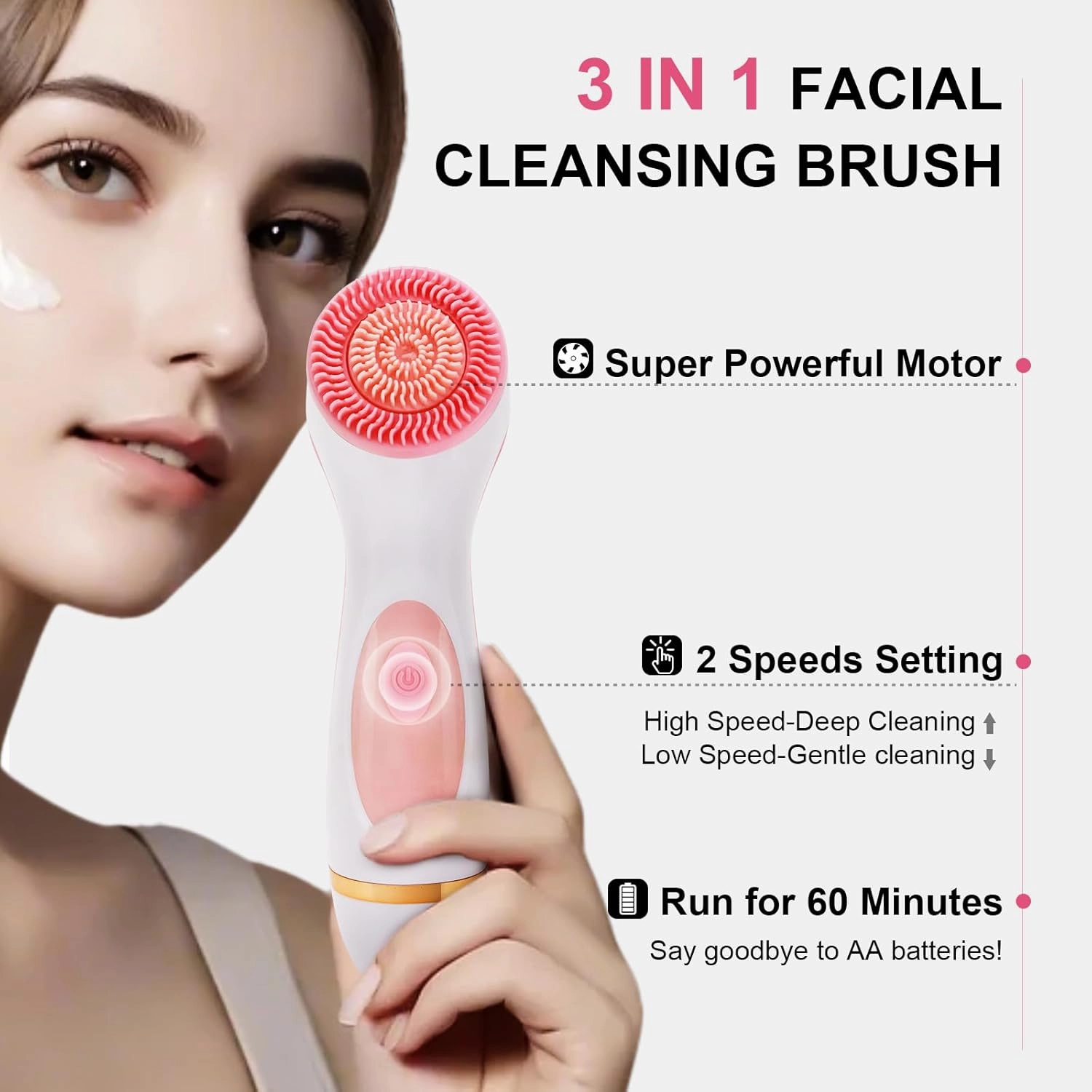 Facial Cleansing Brush, Waterproof Dual-Rotation Face Scrubber Exfoliator with 3 Brush Heads and 2 Adjustable Speeds, Rechargeable Exfoliating Face Brushes for Cleansing and Skin Care (Pink)