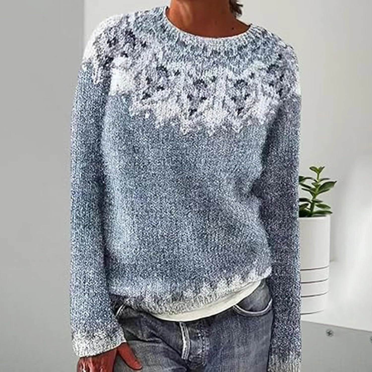 Fair Isle Sweater Women Knitted Retro Sweater Casual Loose Crewneck Long Sleeve Lightweight Cropped Pullover Tops