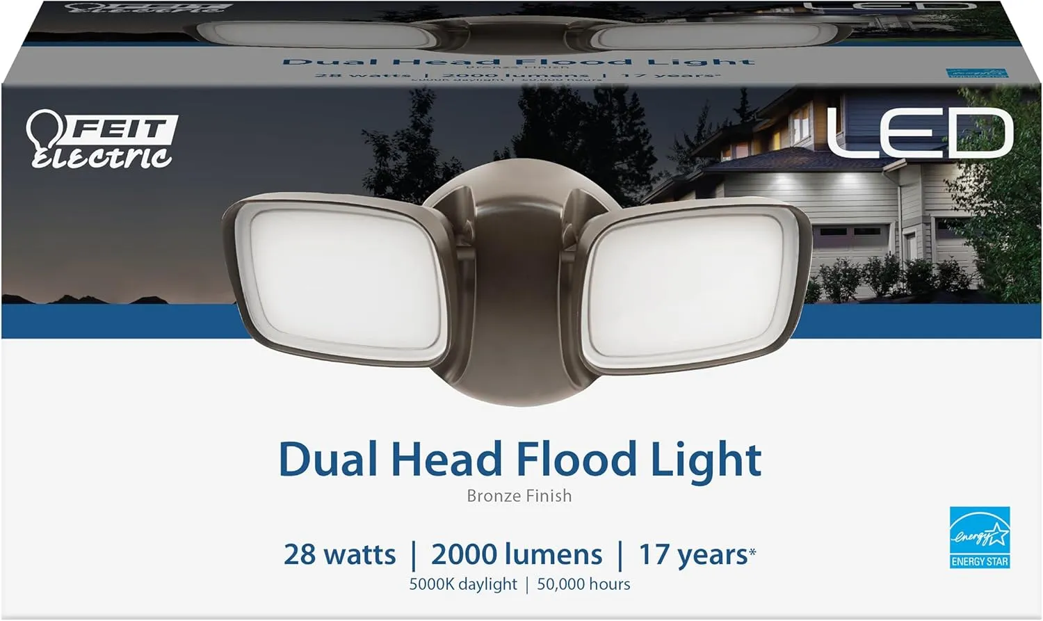 Feit Electric LED Security Outdoor Light, 28W LED Waterproof Flood Light, Adjustable Dual Head, 2000 Lumens, 5000K Daylight, 50,000 Hour Lifespan, Bronze, S9DFL/850/BZ/V1