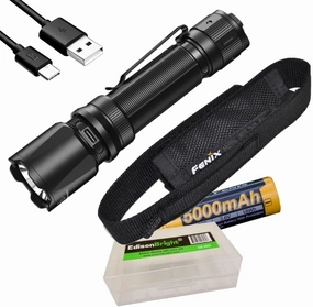 Fenix TK20R V2 Rechargeable 3000 Lumen LED Tactical Flashlight with, 5000mAh Rechargeable Battery, USB Charging Cable and EdisonBright Battery Carrying case Bundle