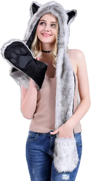 FHQHTH 3 in 1 Faux Fur Animal Hood with Paws Fuzzy Novelty Wolf Hats Gloves Scarf Winter Cosplay Hoods Halloween Cosplay
