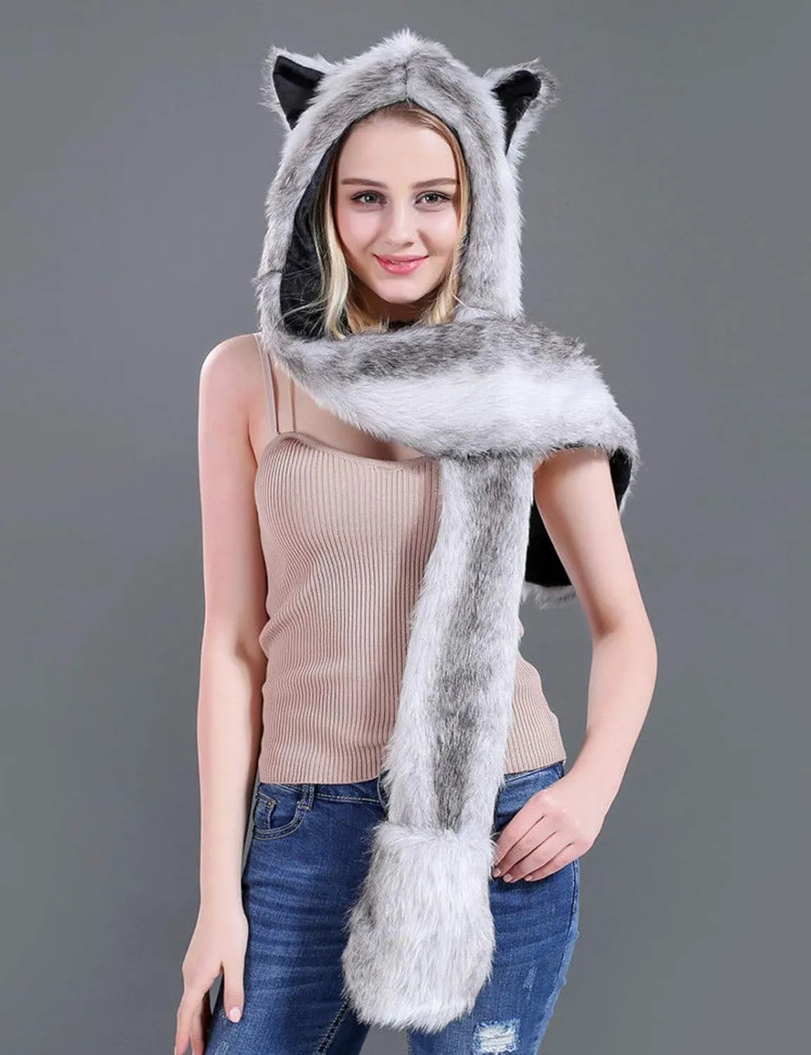 FHQHTH 3 in 1 Faux Fur Animal Hood with Paws Fuzzy Novelty Wolf Hats Gloves Scarf Winter Cosplay Hoods Halloween Cosplay