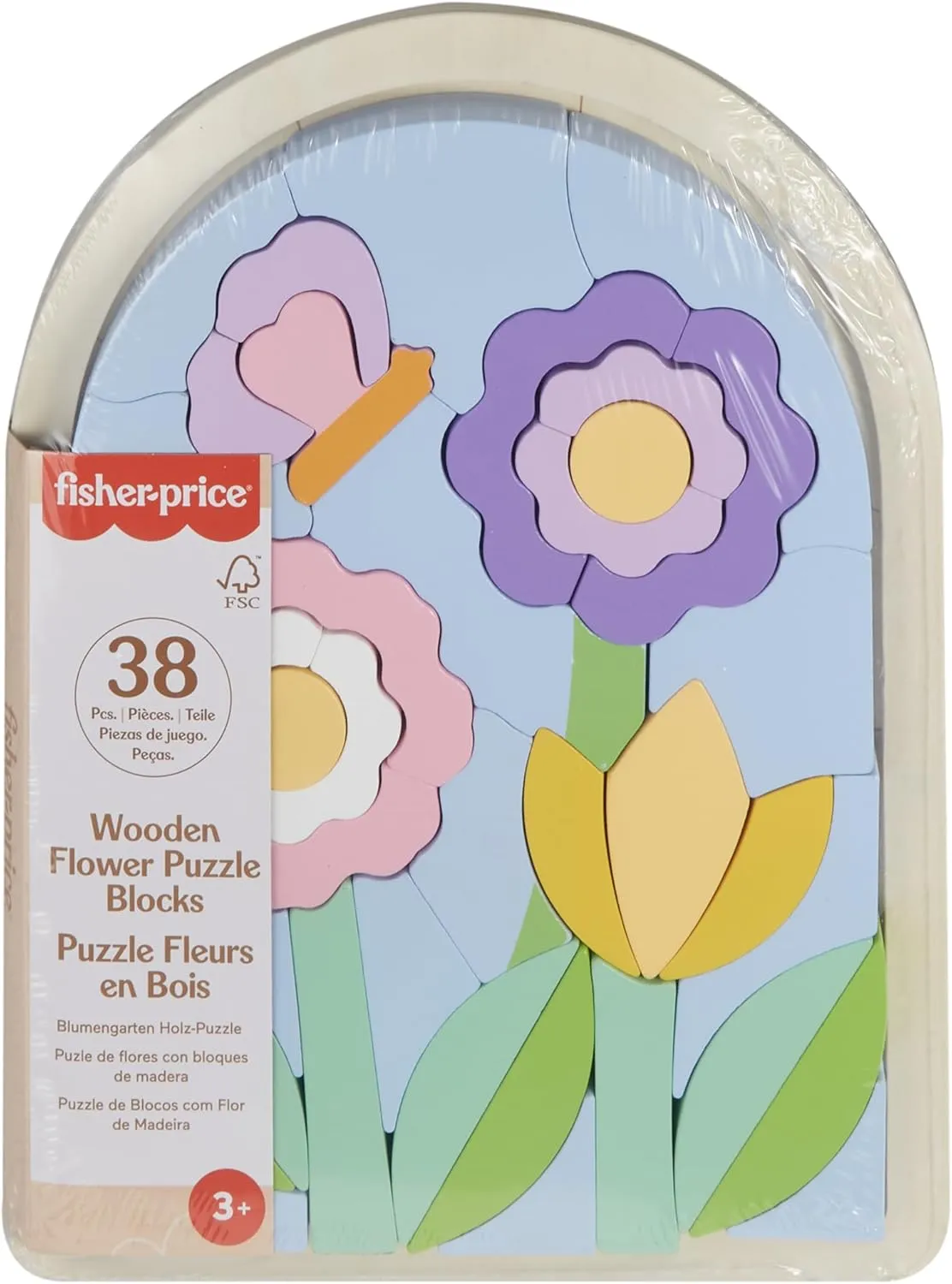 Fisher-Price Preschool Toy Wooden Flower Jigsaw Puzzle with Stacking Blocks, 37 FSC-Certified Wood Pieces for Ages 3  Years