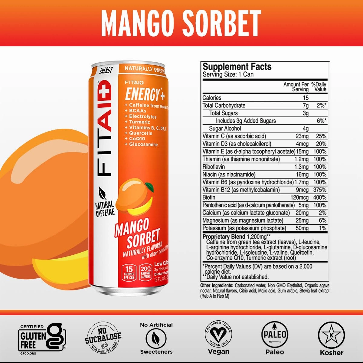 FITAID ENERGY, 200mg Natural Caffeine, Keto, Mango Sorbet, Optimum Performance Formula: BCAAs, Quercetin, Electrolytes, Omega-3s, 15 calories, Paleo, Vegan & Gluten-Free 12 Fl Oz (Pack of 12)