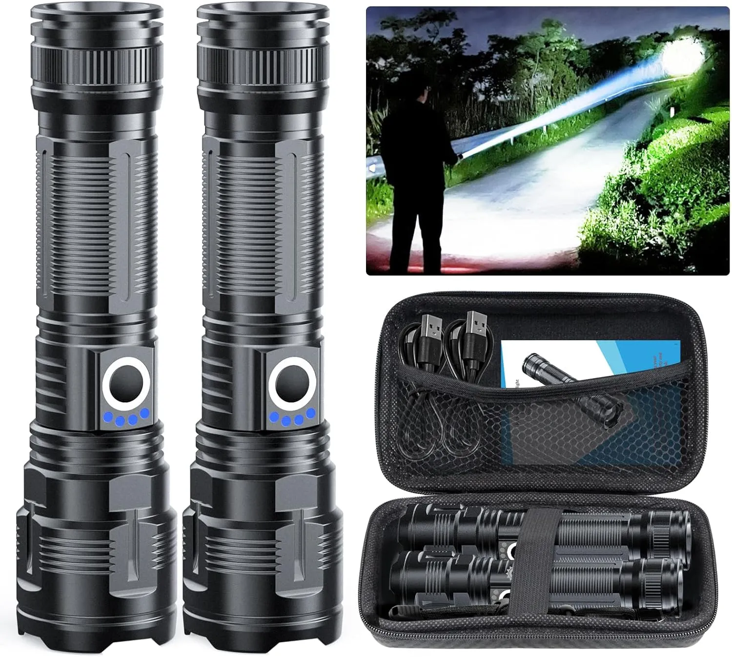 Flashlights High Lumens Rechargeable USB C Flash Light, Super Bright LED Flashlight with Case Box, Long Beam 3280Ft, Waterproof Tactical Flashlight Powerful for Emergency, Camping