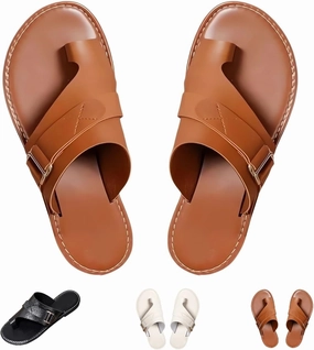 Flat Leather Sandals for Women Dressy Sandals with Open Toe Ring Loop Strap Slip on Slide Slippers Flip Flops