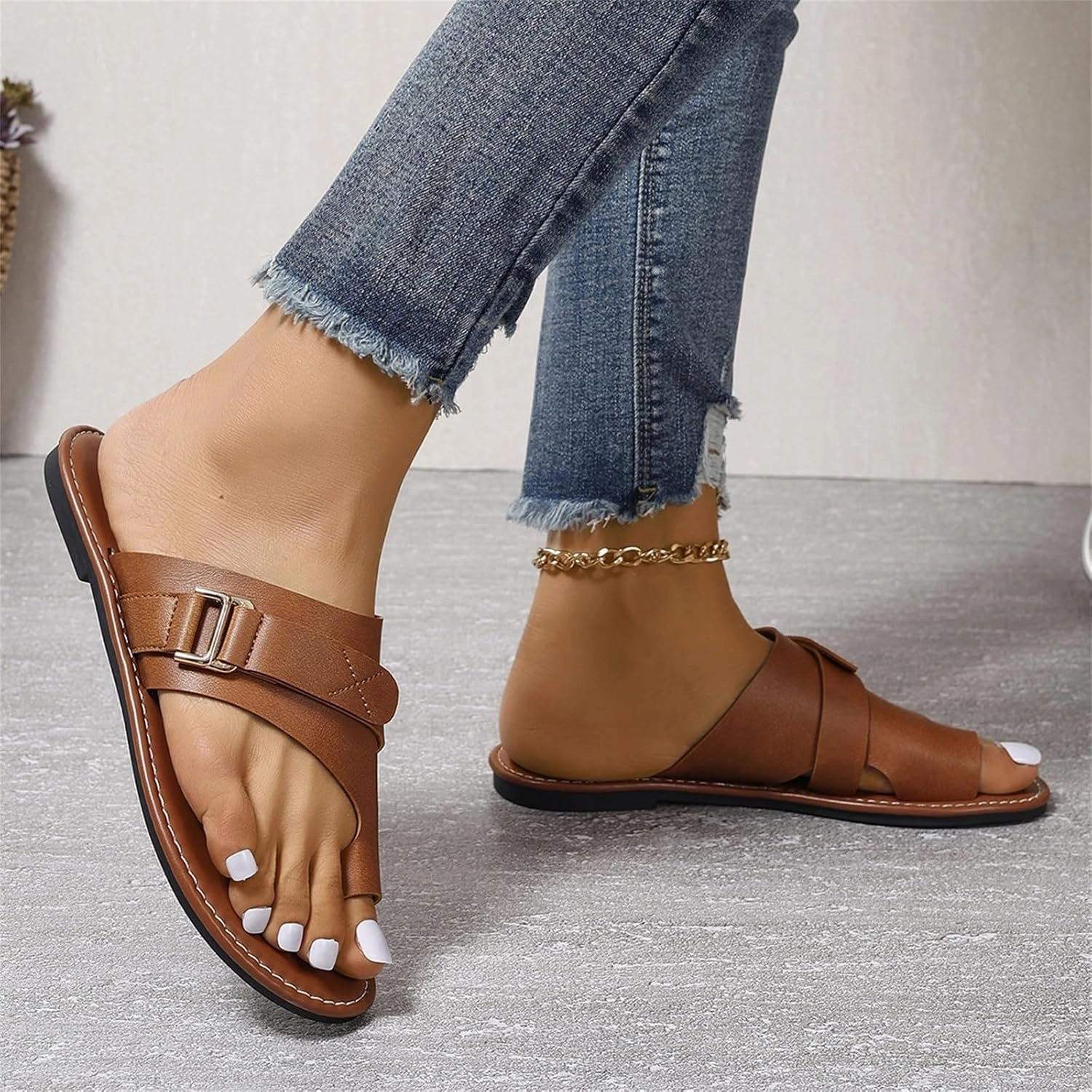 Flat Leather Sandals for Women Dressy Sandals with Open Toe Ring Loop Strap Slip on Slide Slippers Flip Flops