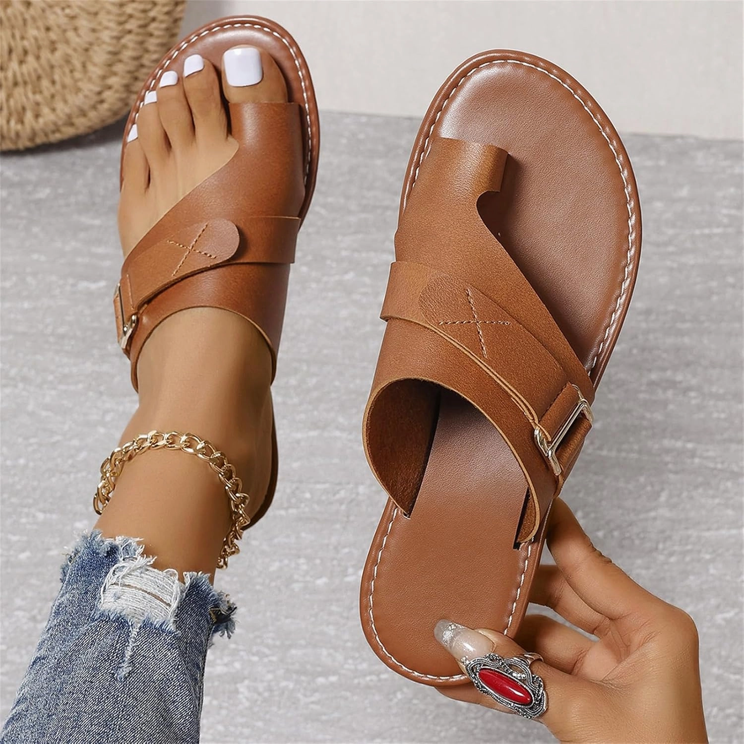 Flat Leather Sandals for Women Dressy Sandals with Open Toe Ring Loop Strap Slip on Slide Slippers Flip Flops