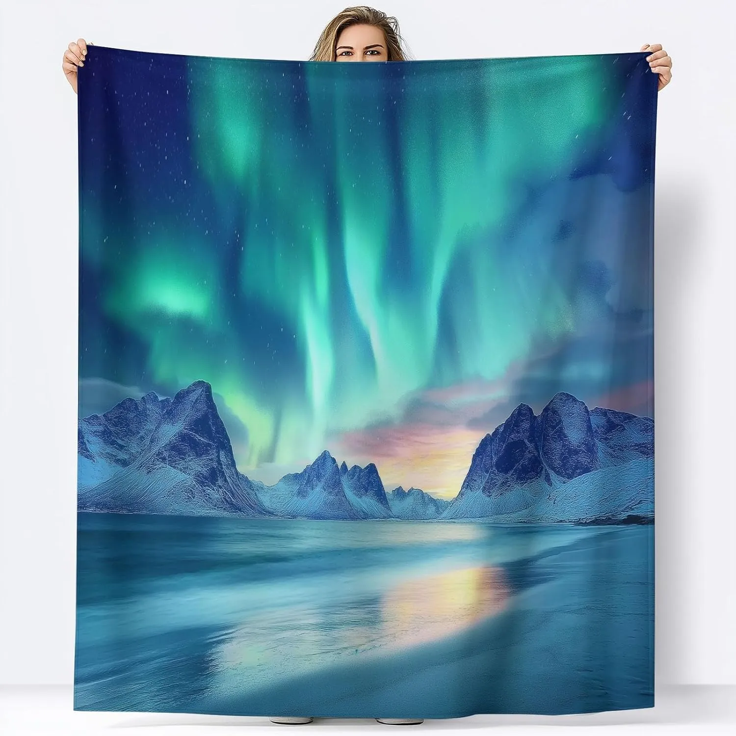 Fleece Throw Blanket Turquoise King 90"x102" Aurora Mountains Arctic Print Bed Blanket Cozy Soft Lightweight Fuzzy for Kids Adults, Portable Throw for Couch