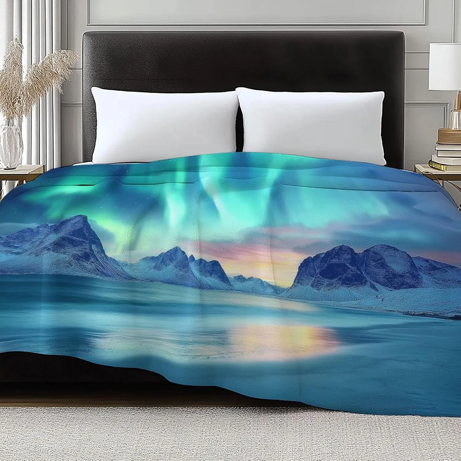 Fleece Throw Blanket Turquoise King 90"x102" Aurora Mountains Arctic Print Bed Blanket Cozy Soft Lightweight Fuzzy for Kids Adults, Portable Throw for Couch