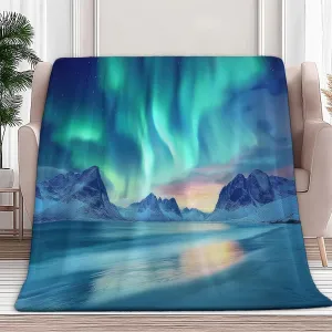 Fleece Throw Blanket Turquoise King 90"x102" Aurora Mountains Arctic Print Bed Blanket Cozy Soft Lightweight Fuzzy for Kids Adults, Portable Throw for Couch