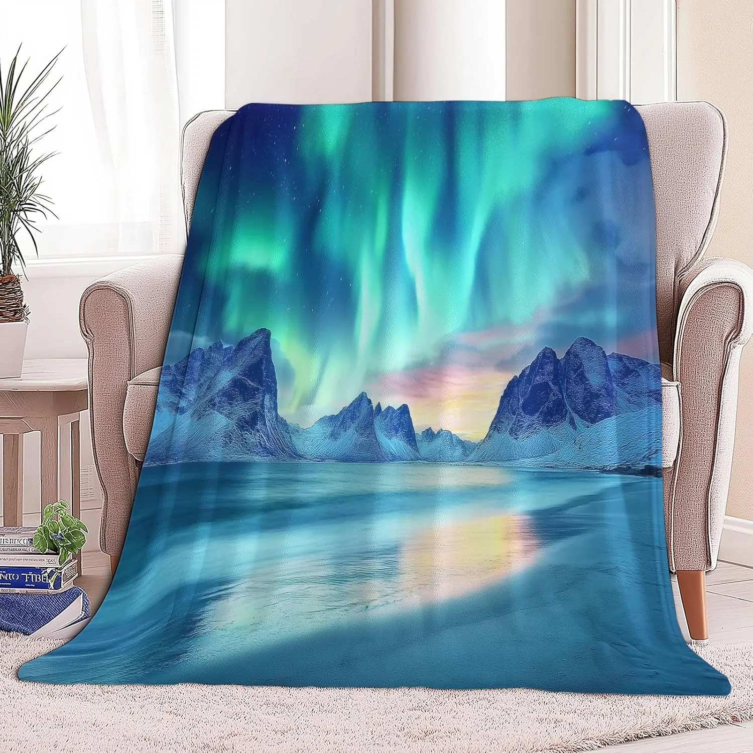 Fleece Throw Blanket Turquoise King 90"x102" Aurora Mountains Arctic Print Bed Blanket Cozy Soft Lightweight Fuzzy for Kids Adults, Portable Throw for Couch