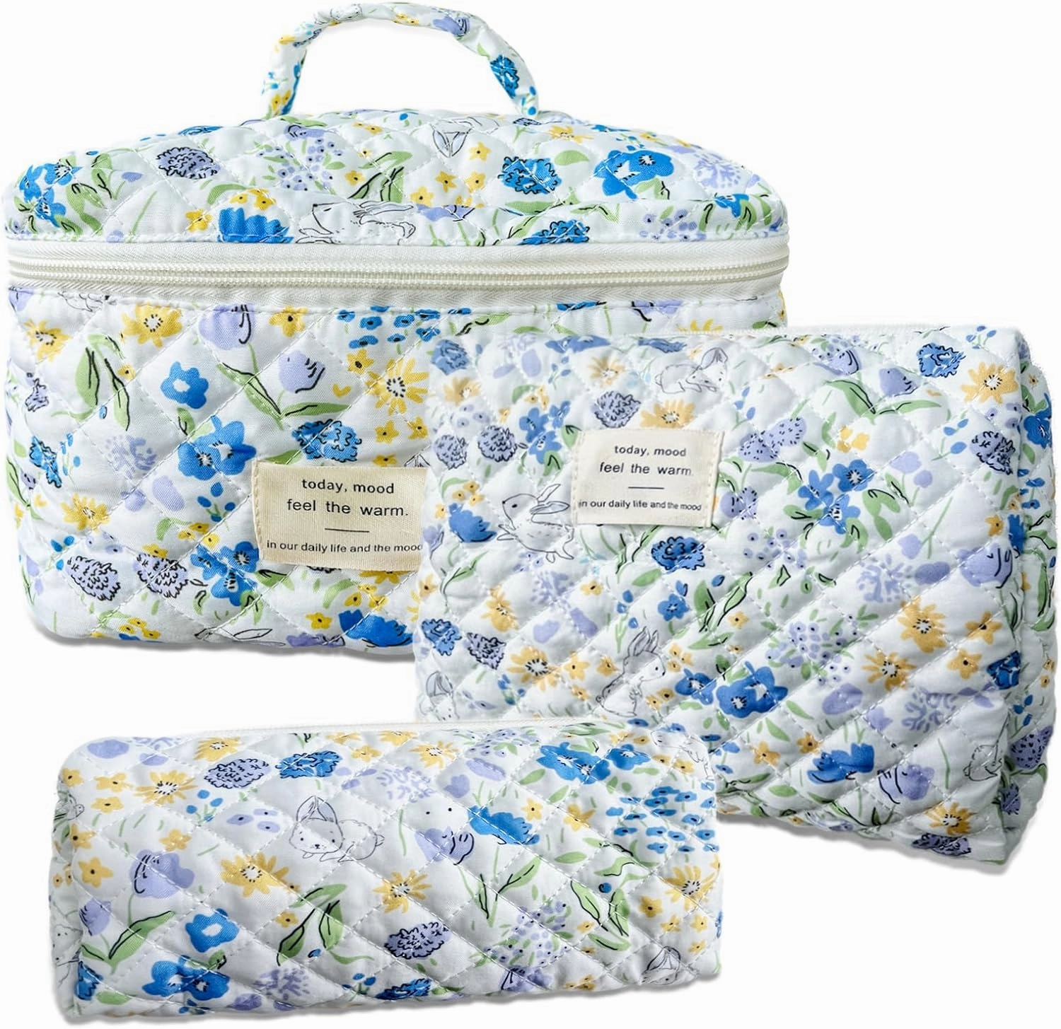 Floral Makeup Bag Set,Large Cotton Quilted Flower Cosmetic Bag Case, Blue Rabbit Make Up Pouch, Bunny Aesthetic Coquette Travel Toiletry Bag Easter Gifts for Women