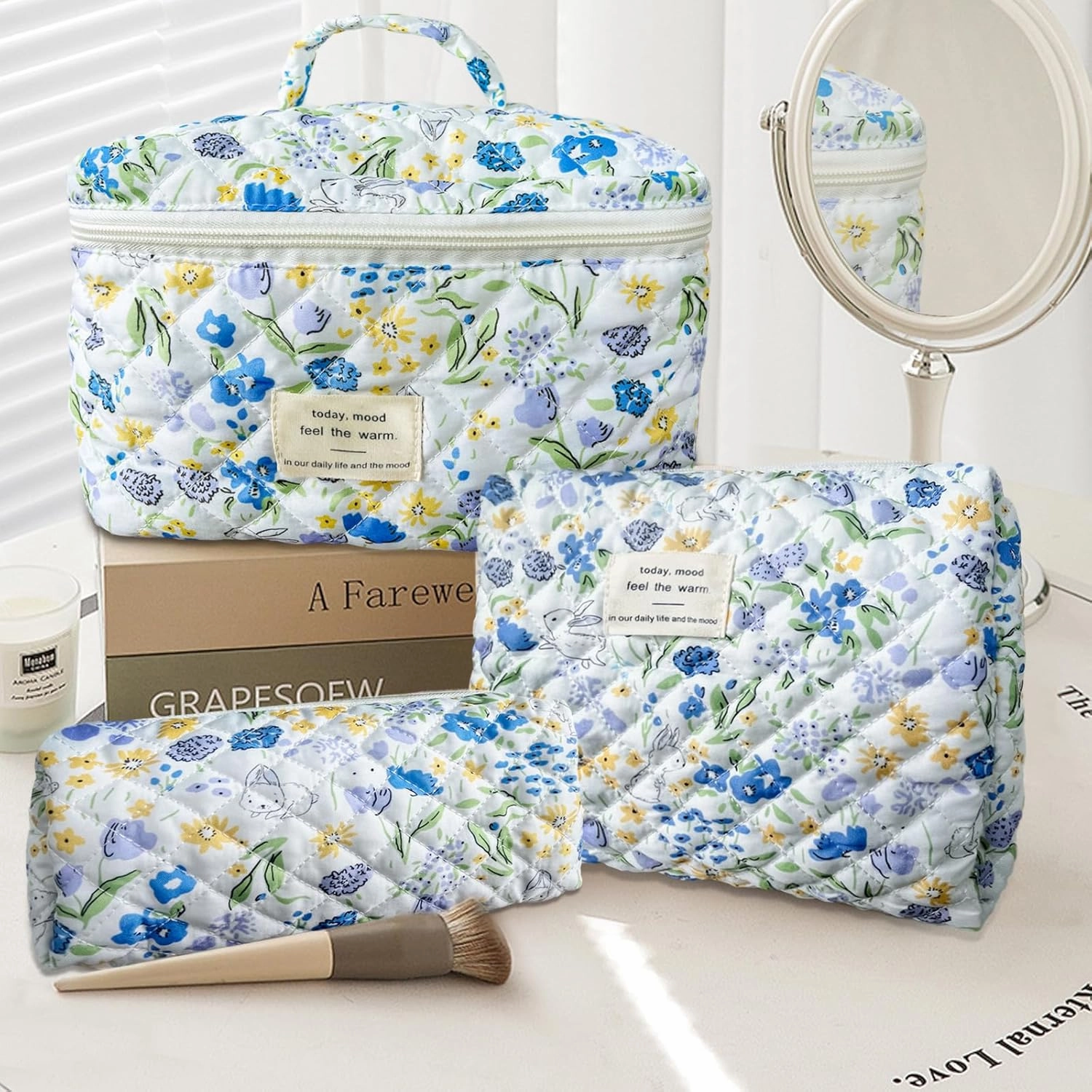 Floral Makeup Bag Set,Large Cotton Quilted Flower Cosmetic Bag Case, Blue Rabbit Make Up Pouch, Bunny Aesthetic Coquette Travel Toiletry Bag Easter Gifts for Women