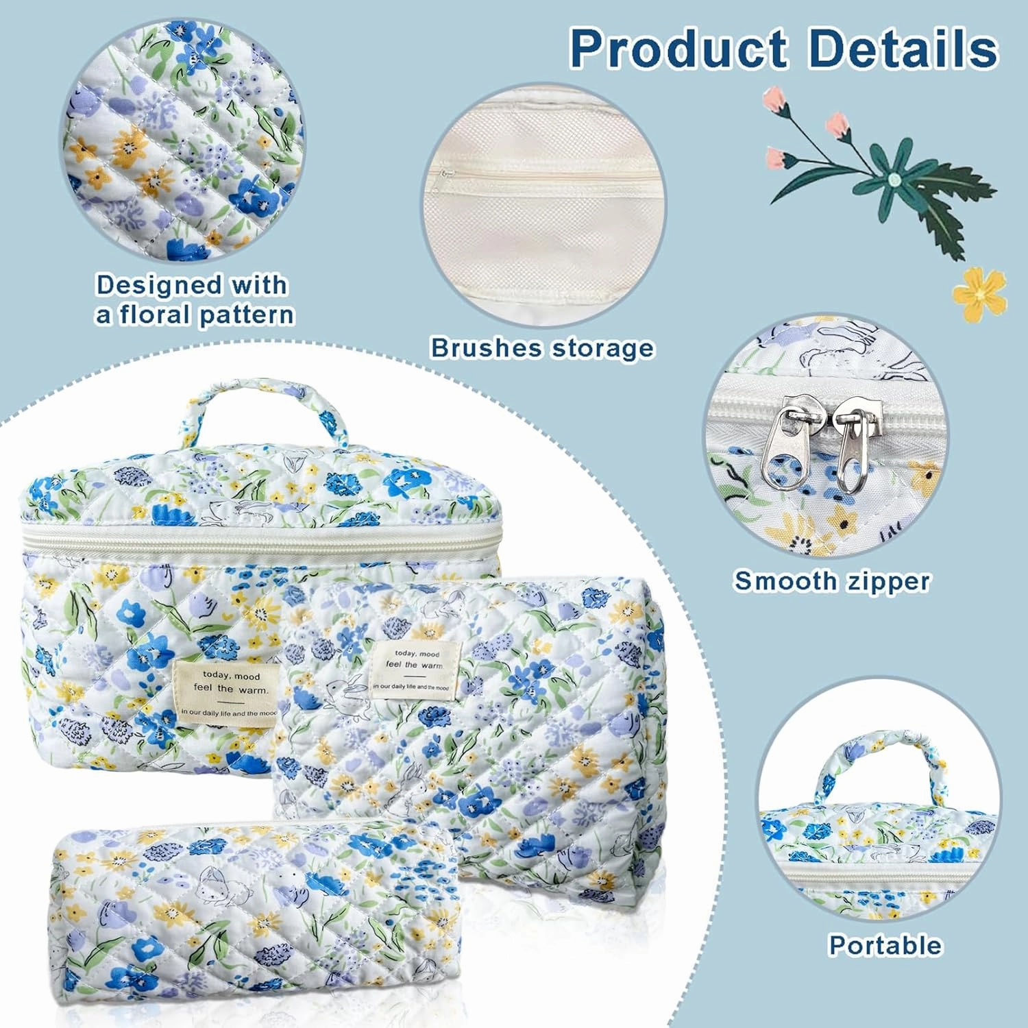 Floral Makeup Bag Set,Large Cotton Quilted Flower Cosmetic Bag Case, Blue Rabbit Make Up Pouch, Bunny Aesthetic Coquette Travel Toiletry Bag Easter Gifts for Women