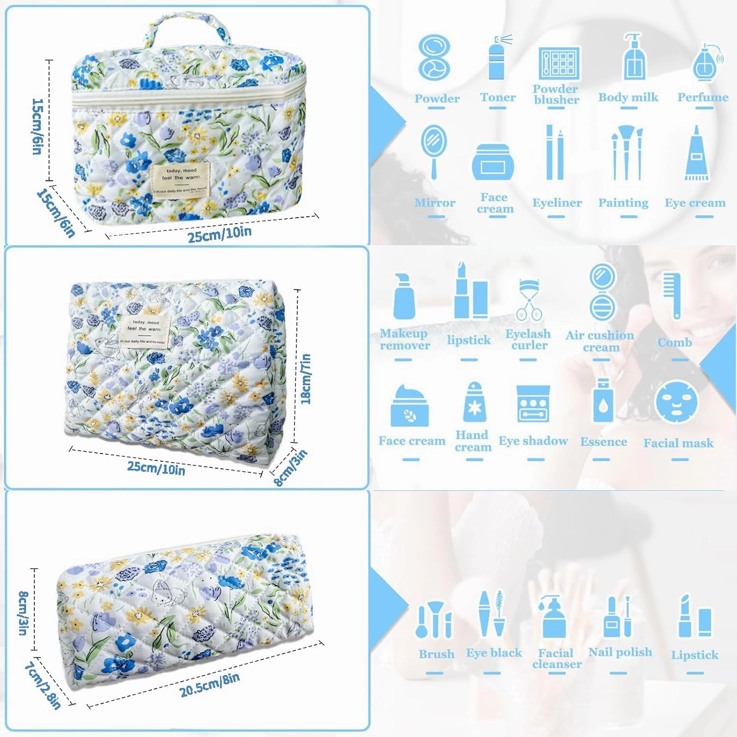 Floral Makeup Bag Set,Large Cotton Quilted Flower Cosmetic Bag Case, Blue Rabbit Make Up Pouch, Bunny Aesthetic Coquette Travel Toiletry Bag Easter Gifts for Women