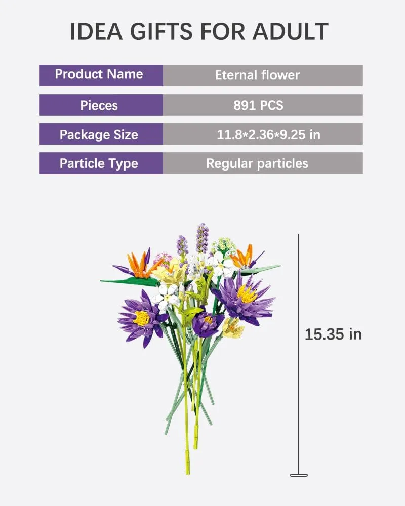 Flower Bouquet Building Blocks Set, Creative Artificial Eternal Flower Plant Models, Home Decor or Idea Present for Adults and Kids, Valentine's Day Gifts for Girls, Small Particles 891 PCS (JJ9046)