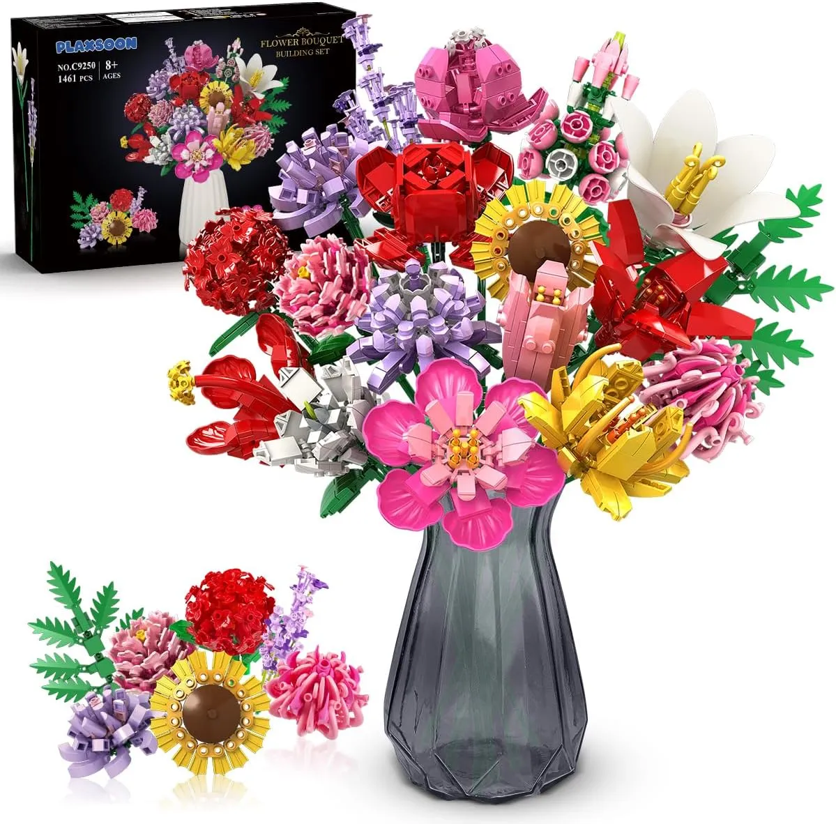 Flower Bouquet Building Set, 1464 PCS Botanical Collection Building Block Toy, 18 Flowers Rose Sunflower Home Plant Decor, Birthday Gifts for Adults Women Boys Girls 8-12 