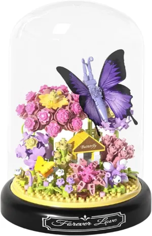 Flower Bouquet Building Set with LED Lighting ,582 PCS Butterfly Flowers Botanical Collection Mini Building Block Kit with Dust Cover,Butterfly Bonzai Building Toys for Adult Girlfriend/Wife/mom