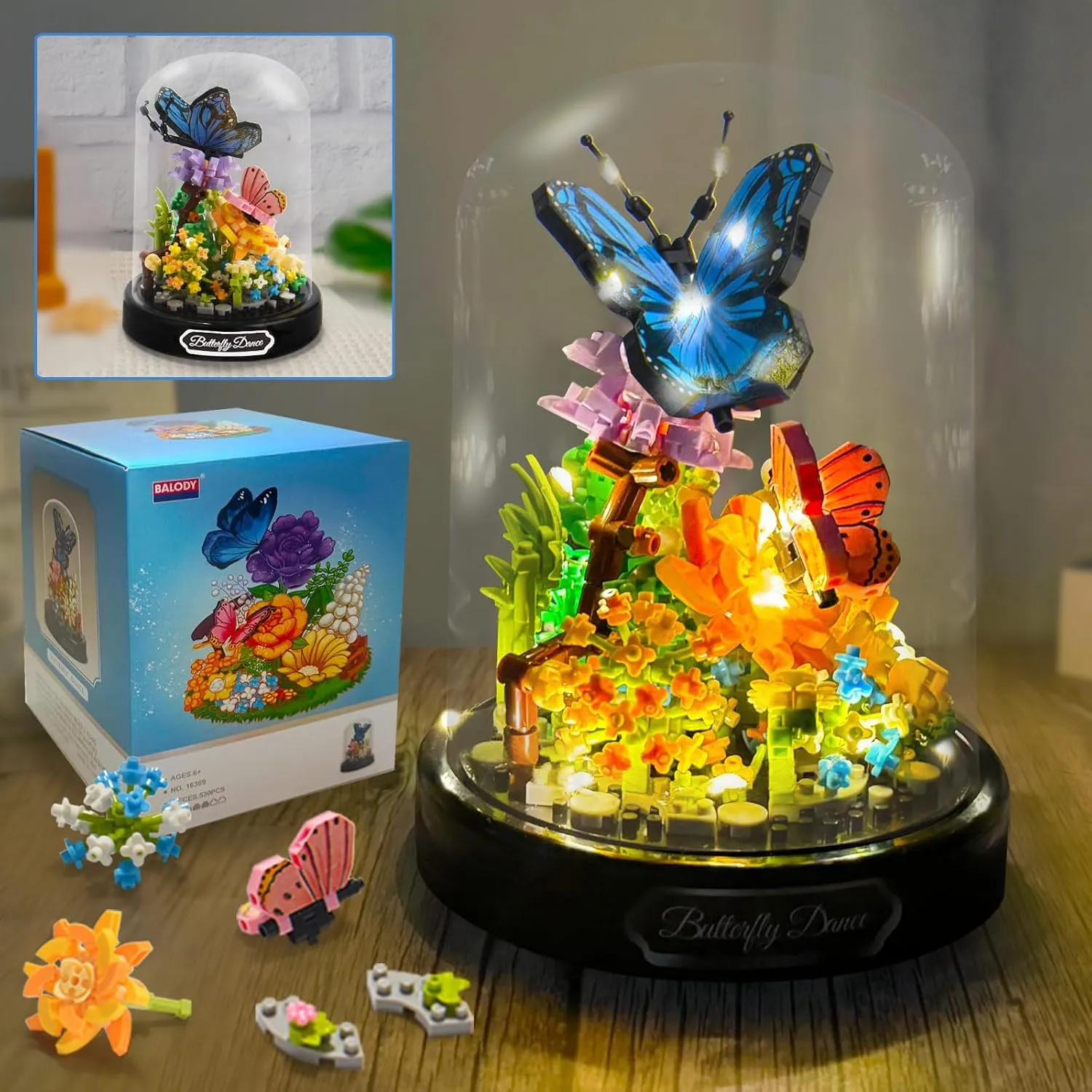 Flower Bouquet Building Set with LED String Light, Animals Flower Botanical Collection, 530 Pcs Mini Bricks Building Blocks Toy for Kids, Adults, Gift for Mother's Day, Christmas(Butterfly)