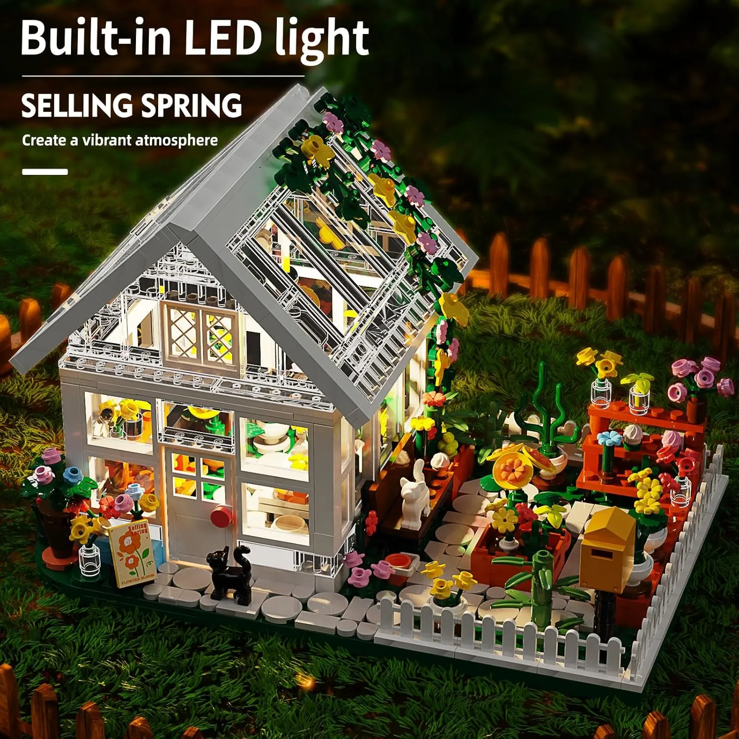 Flower House Building Mini Set with LED, City Street View Greenhouse Building Blocks Toy, Valentine Xmas Gift for Friends or Girls 8-12 Year