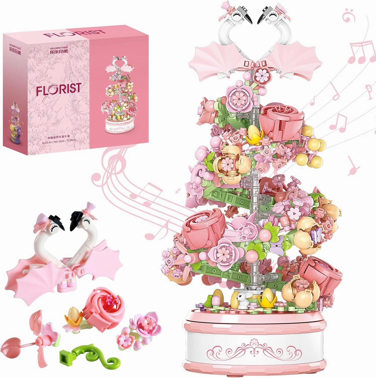 Flowers Music Box Building Block Kit with Light-713PCS Decoration Rotating Music Box Building Set,Botanical Collection Mother's Day, Valentine and Birthday Gifts for Girls Boys Adults Kids Ages 6 