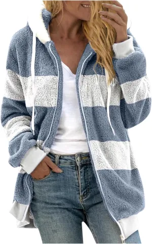 Fluffy Jackets For Women Cute Color Block Loose Soft Zip Up Sherpa Coat Warm Winter Fuzzy Fleece Hooded Jacket Outwear