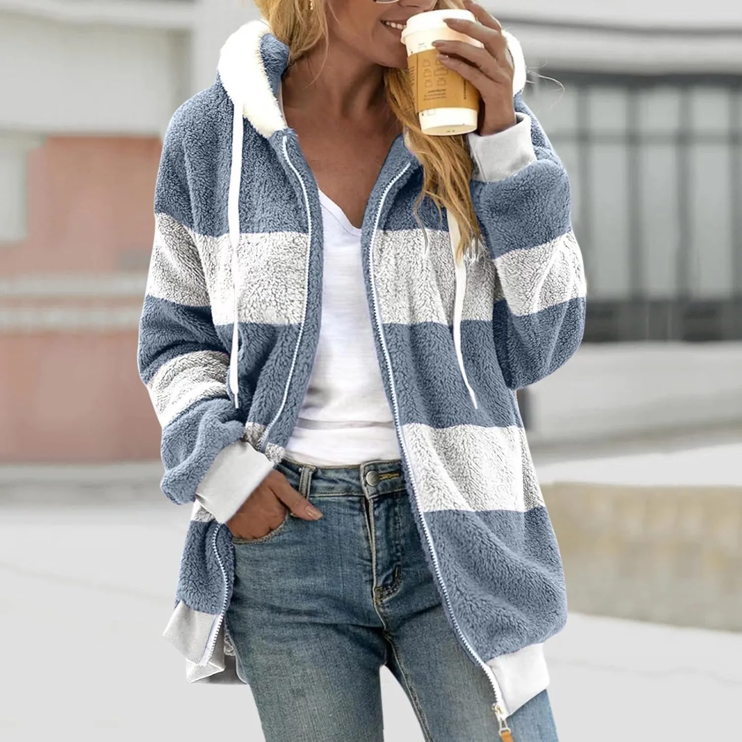 Fluffy Jackets For Women Cute Color Block Loose Soft Zip Up Sherpa Coat Warm Winter Fuzzy Fleece Hooded Jacket Outwear
