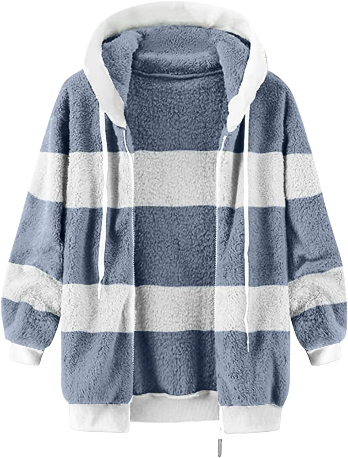 Fluffy Jackets For Women Cute Color Block Loose Soft Zip Up Sherpa Coat Warm Winter Fuzzy Fleece Hooded Jacket Outwear
