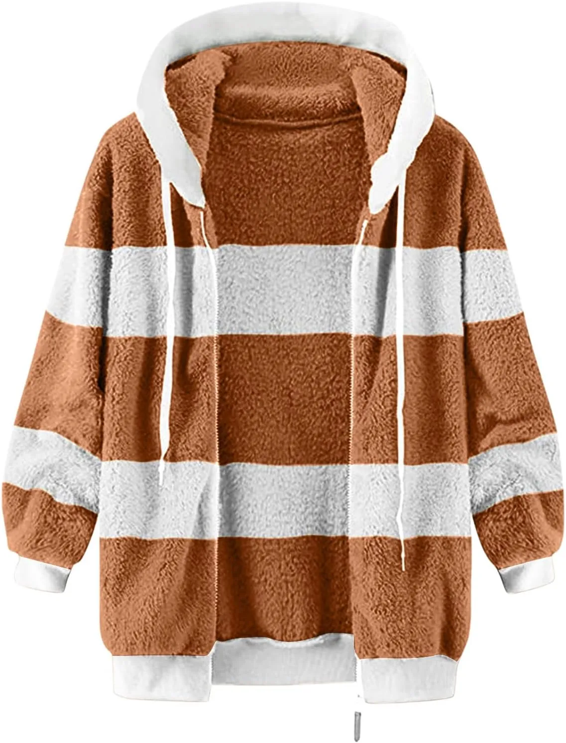 Fluffy Jackets For Women Cute Color Block Loose Soft Zip Up Sherpa Coat Warm Winter Fuzzy Fleece Hooded Jacket Outwear