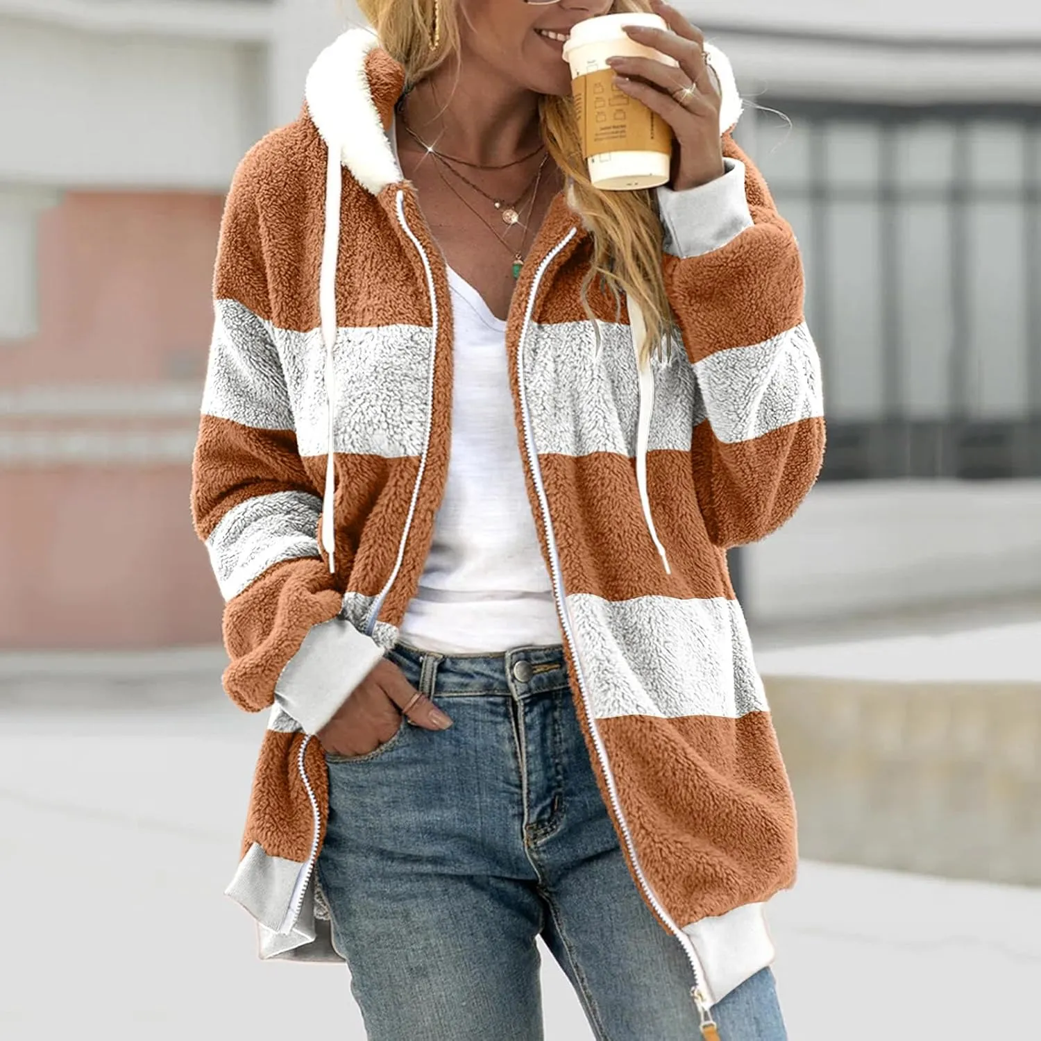 Fluffy Jackets For Women Cute Color Block Loose Soft Zip Up Sherpa Coat Warm Winter Fuzzy Fleece Hooded Jacket Outwear