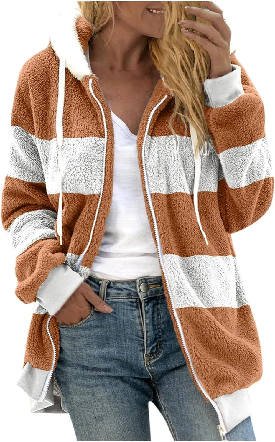 Fluffy Jackets For Women Cute Color Block Loose Soft Zip Up Sherpa Coat Warm Winter Fuzzy Fleece Hooded Jacket Outwear