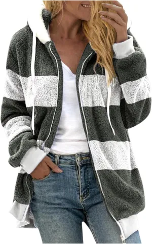 Fluffy Jackets For Women Cute Color Block Loose Soft Zip Up Sherpa Coat Warm Winter Fuzzy Fleece Hooded Jacket Outwear