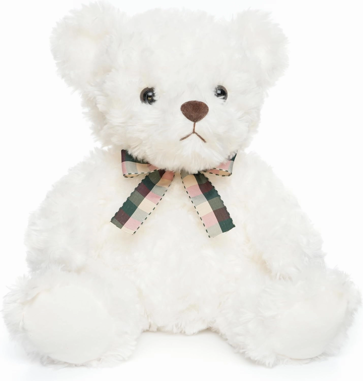 Fluffy White Teddy Bear Stuffed Animals Plush Toys with Lattice Tie for Kids Babies Birthday Bedtime, 12 inches