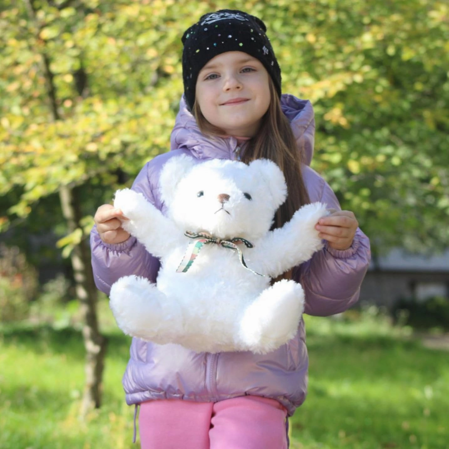 Fluffy White Teddy Bear Stuffed Animals Plush Toys with Lattice Tie for Kids Babies Birthday Bedtime, 12 inches