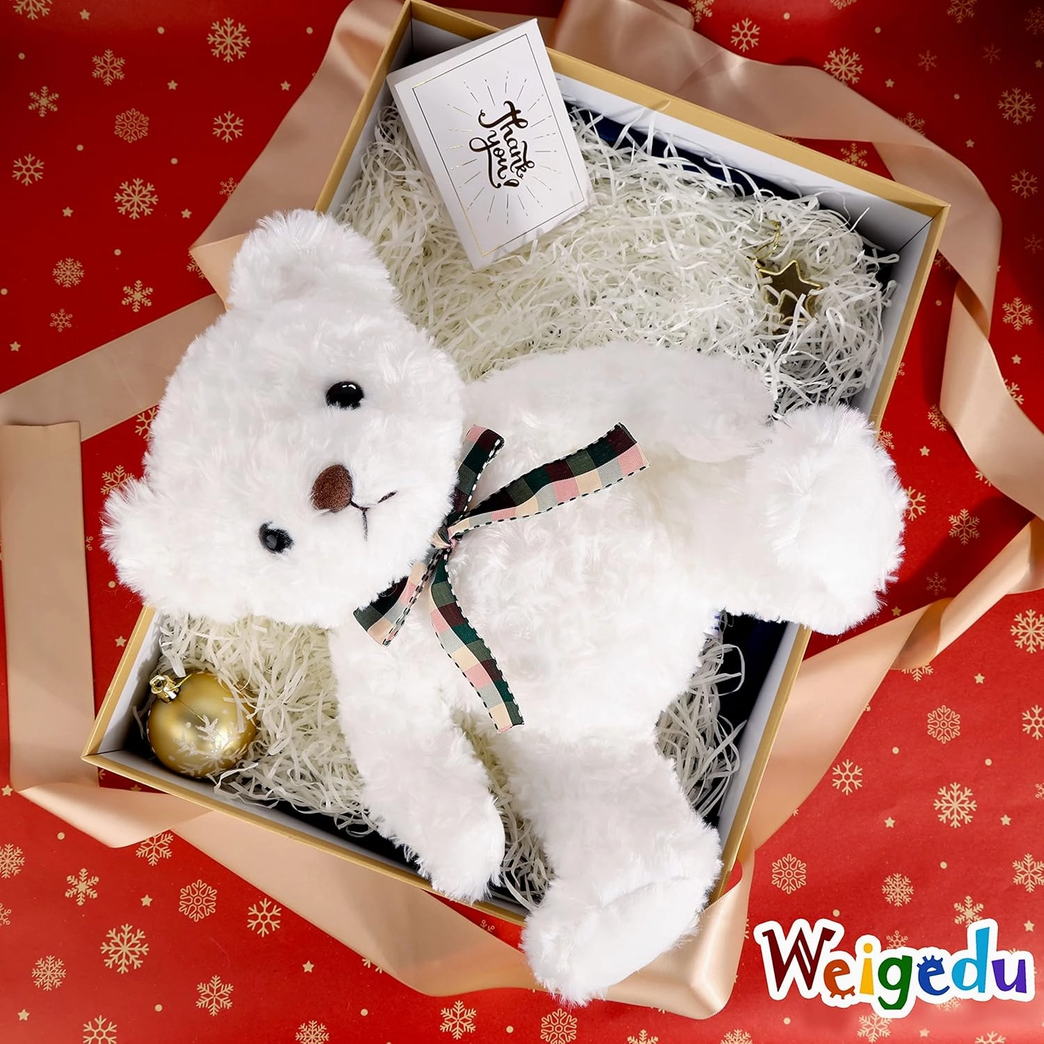 Fluffy White Teddy Bear Stuffed Animals Plush Toys with Lattice Tie for Kids Babies Birthday Bedtime, 12 inches