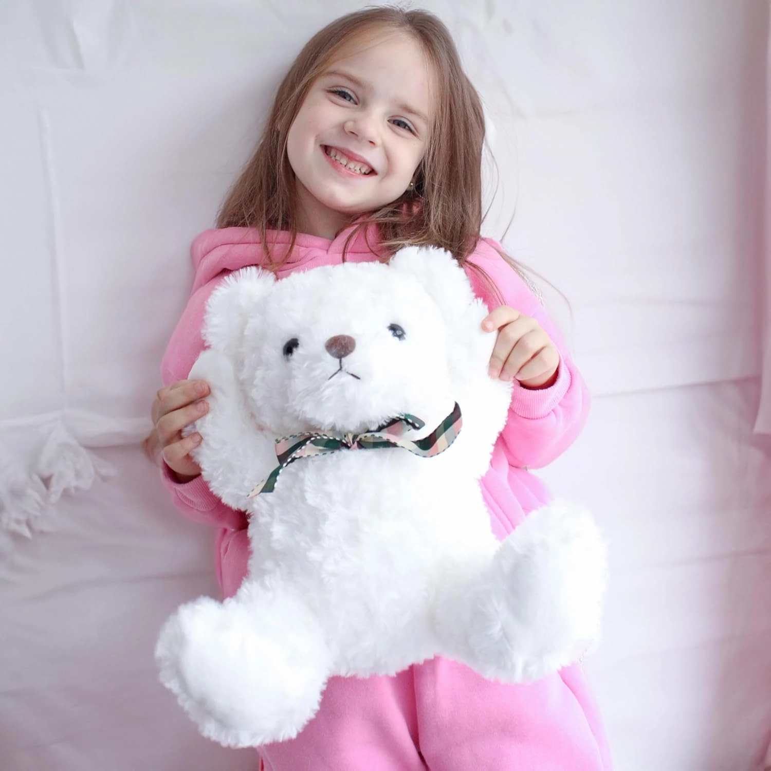 Fluffy White Teddy Bear Stuffed Animals Plush Toys with Lattice Tie for Kids Babies Birthday Bedtime, 12 inches