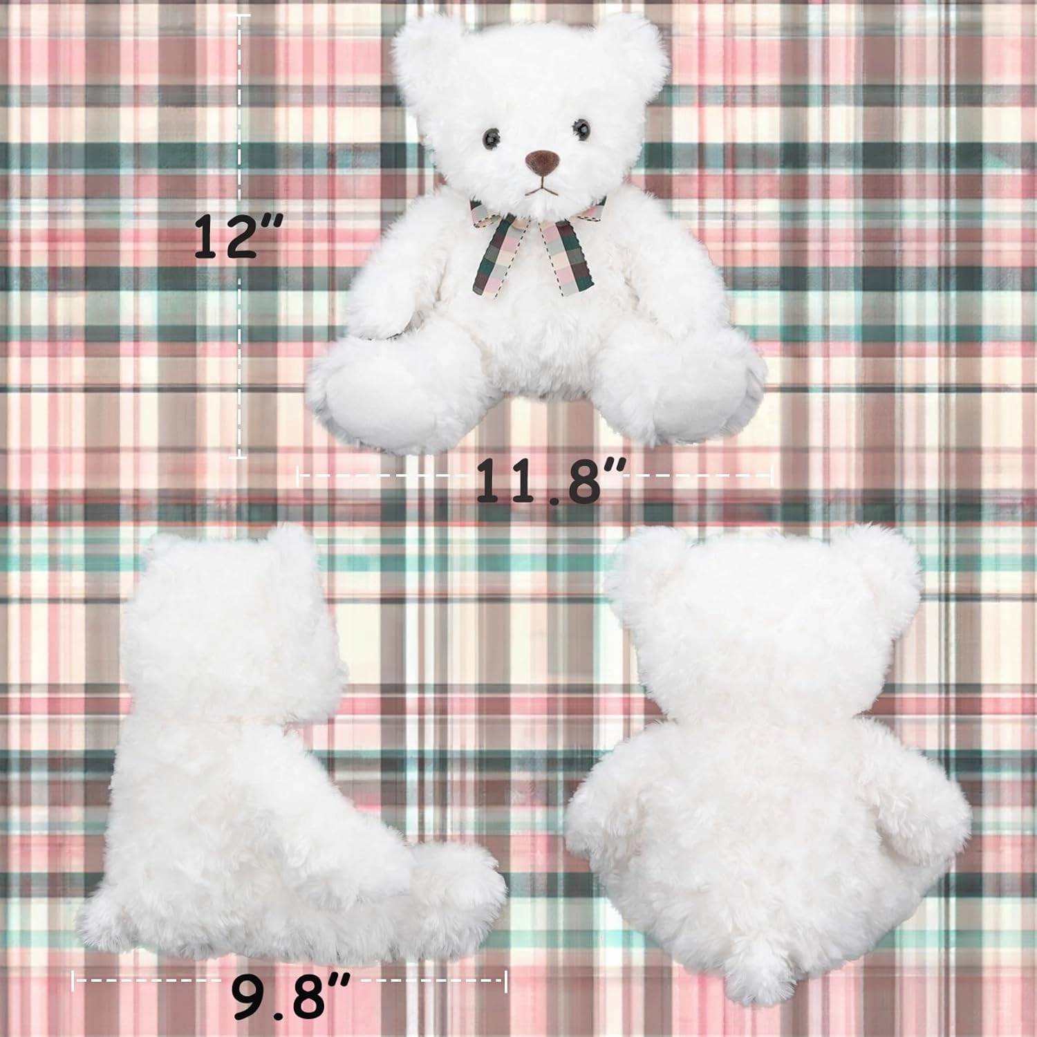 Fluffy White Teddy Bear Stuffed Animals Plush Toys with Lattice Tie for Kids Babies Birthday Bedtime, 12 inches