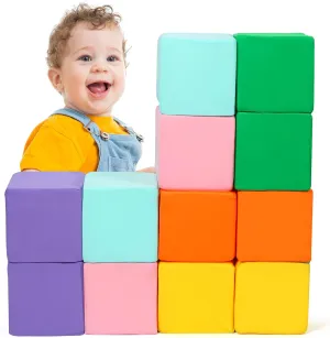 Foam Blocks for Toddlers, 12 PCS Soft Building Blocks for Kids, Large Foam Cubes Colourful Stacking Block Sets - Throw & Play Toys with Washable Cover(Pink, Light Blue, Yellow, Orange, Green, Purple)