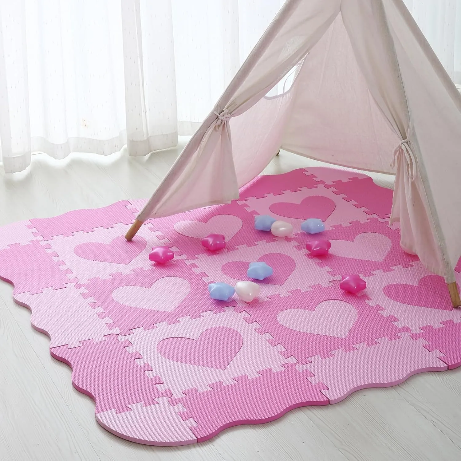 Foam Play Mat for Kids, 25pcs Square Interlocking Puzzle Floor Mat, Baby Toddler Playmat with Fence - Pink Heart