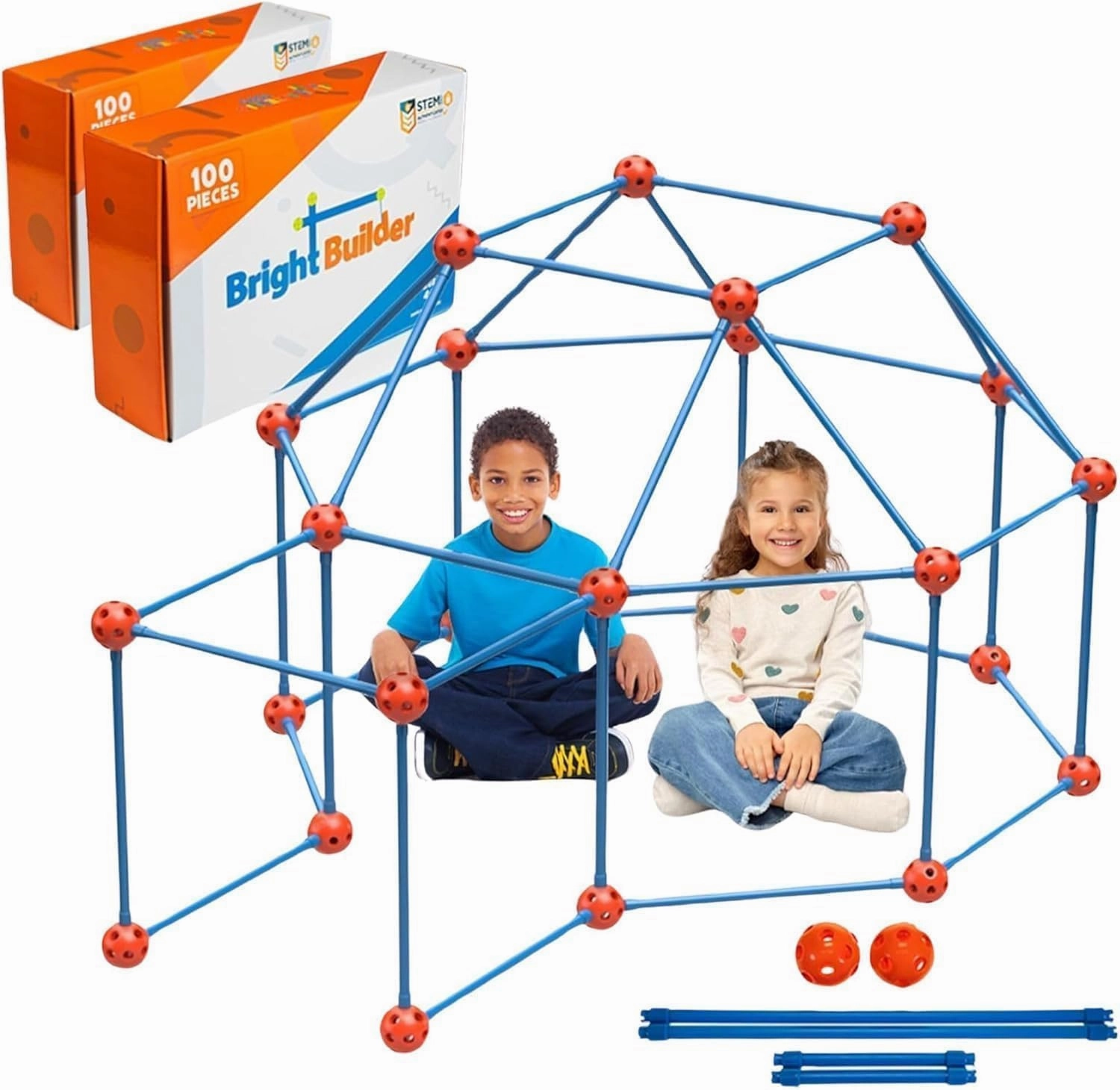 Fort Building Kit for Kids 4-8 - 200 Pieces - DIY STEM Fort Making Set for Indoor & Outdoor Play - Large Creative Construction Set for Boys & Girls - Blue & Red - Bright Builders