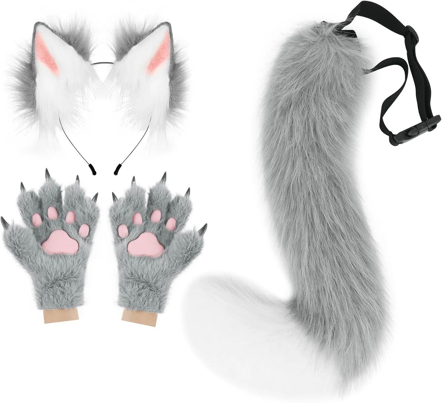 Fox Wolf Ears Headband Furry Tail Plush Cat Paw Mittens Gloves Set Halloween Party Cosplay Costumes Accessories