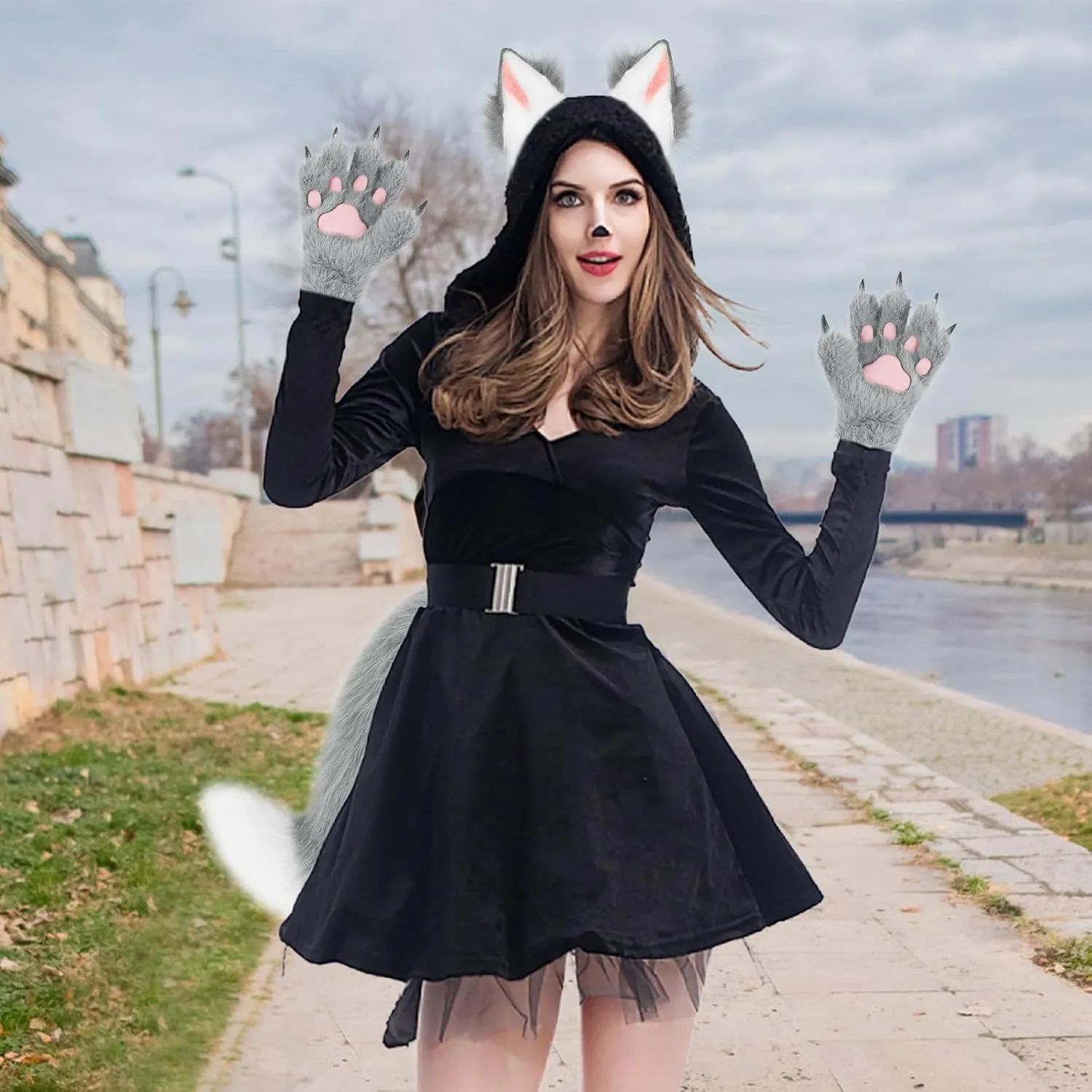 Fox Wolf Ears Headband Furry Tail Plush Cat Paw Mittens Gloves Set Halloween Party Cosplay Costumes Accessories