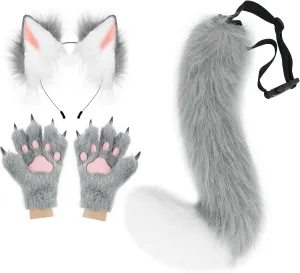 Fox Wolf Ears Headband Furry Tail Plush Cat Paw Mittens Gloves Set Halloween Party Cosplay Costumes Accessories
